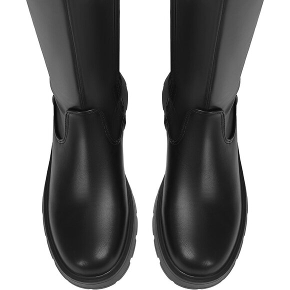 Womens Black Polyurethane (PU) Rounded Toe Chunky Heel Stretch Thigh High Boots - Picture 4 of 7